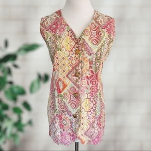 Vintage Handmade Y2K 90s Tunic Length Pink Mixed Print Vest with Heart Buttons L